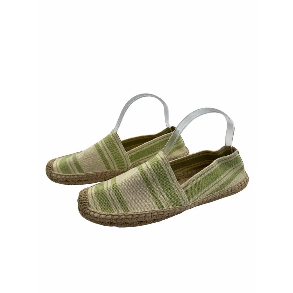 Tory Burch Striped Espadrille Slip-On Flats Green‎ Ivory Canvas Jute Women’s 10